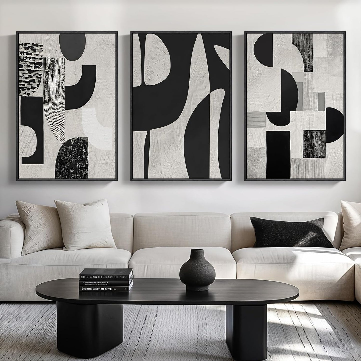 Large Framed Black and White Abstract Wall Art for Living Room, 3 Piece Big Modern Canvas Prints Paintings Artwork for Walls, Minimalist Abstract Art Pictures for Hallway, Office Wall Decor 24x36 In
