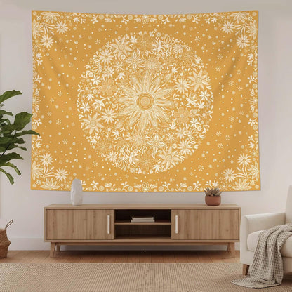 Neasow Bohemian Tapestry Wall Hanging, Beige White Floral Tapestry with Dotted Daisy Medallion Print Bedroom Boho Hippie Home Decor, 36×48 inches