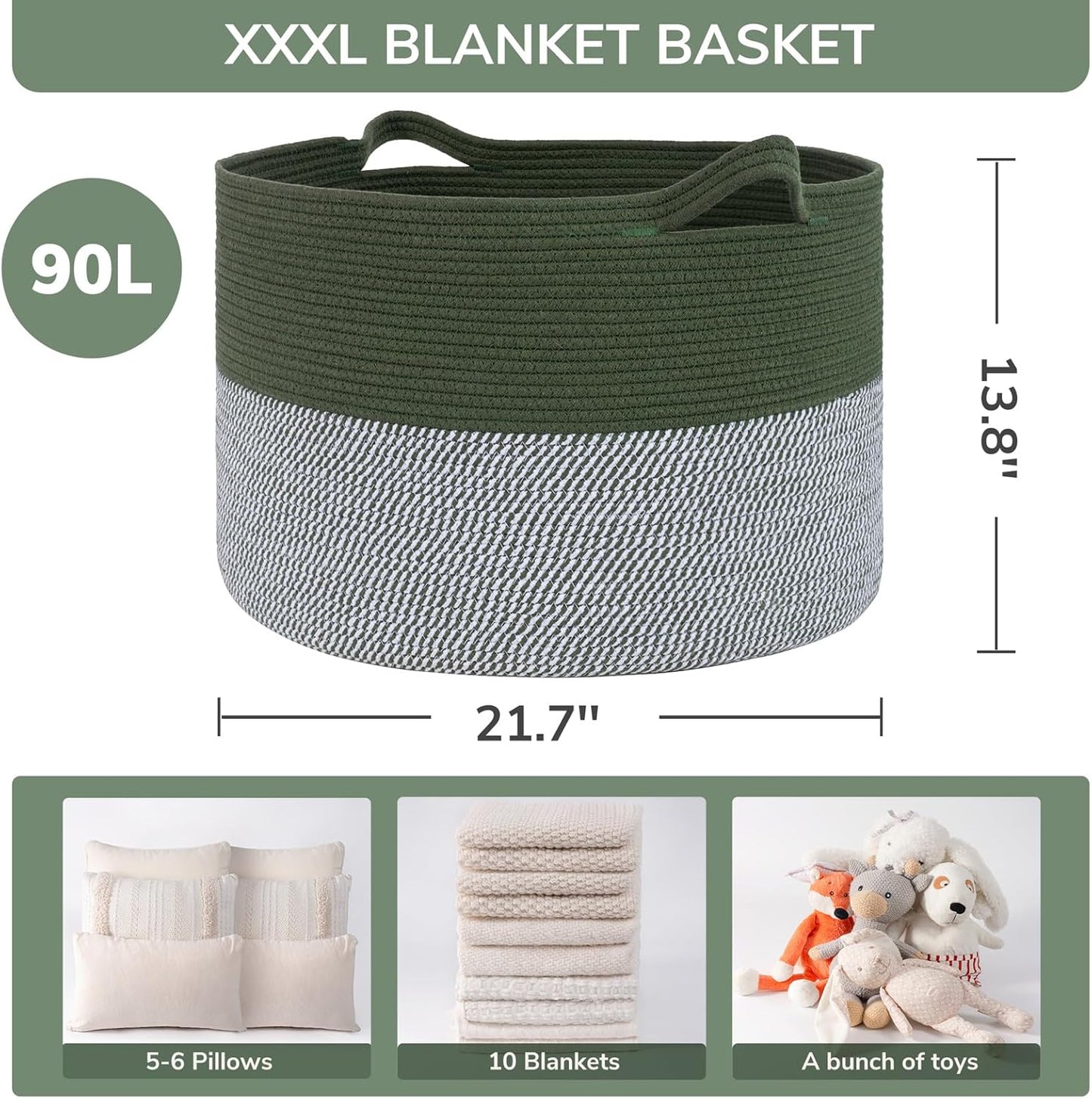 INDRESSME XXXLarge Blanket Basket for Living Room 21.7" x 21.7" x 13.8"-Storage Basket with Handle for Organizing Toy Pillows Woven Cotton Rope Laundry Basket Stuffed Animal Toy Storage for Play Room