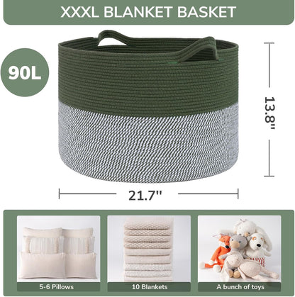 INDRESSME XXXLarge Blanket Basket for Living Room 21.7" x 21.7" x 13.8"-Storage Basket with Handle for Organizing Toy Pillows Woven Cotton Rope Laundry Basket Stuffed Animal Toy Storage for Play Room