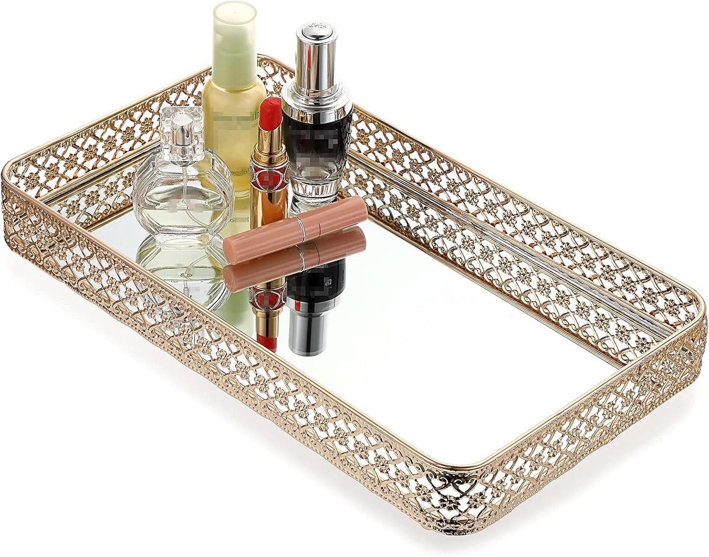 ELLDOO Perfume & Makeup Vanity Tray - Hollow-Carved Jewelry Storage, Glass & Metal Trinket Organizer for Dresser & Bathroom Countertop, Gold, Medium Size