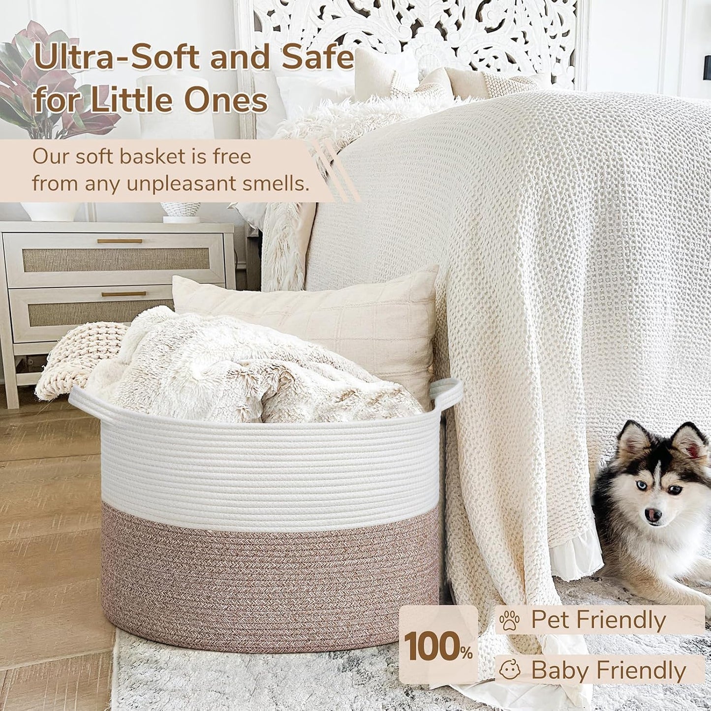 INDRESSME XXXLarge Blanket Basket for Living Room 21.7" x 21.7" x 13.8"-Storage Basket with Handle for Organizing Toy Pillows Woven Cotton Rope Laundry Basket Stuffed Animal Toy Storage for Play Room
