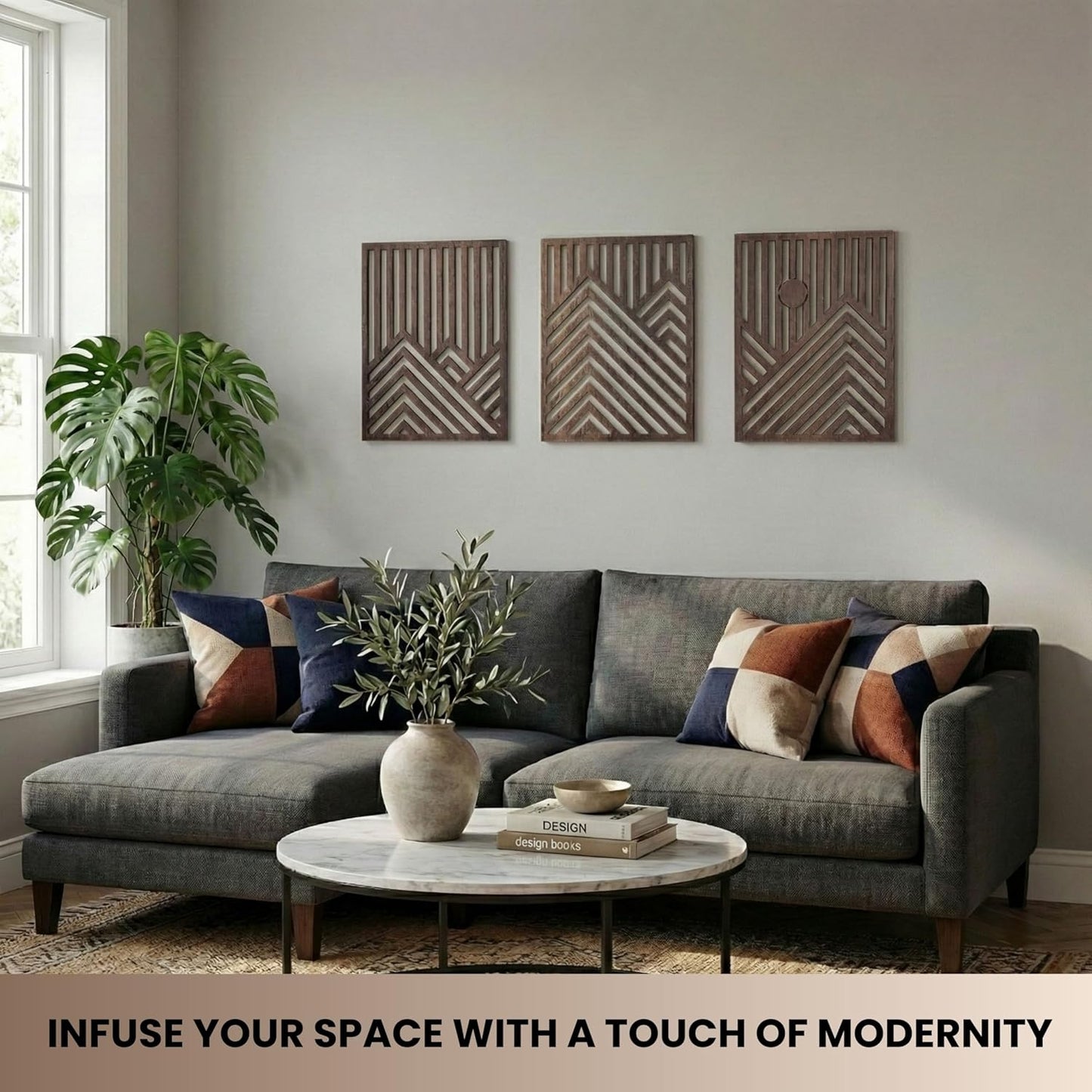 qmmp Modern Wooden Wall Sculptures - Set of 3 - Home Decor Accent - Large Wall Art for Living Room, Bedroom, Office - Easy Installation (Oak, Medium - Mountain and Sun)
