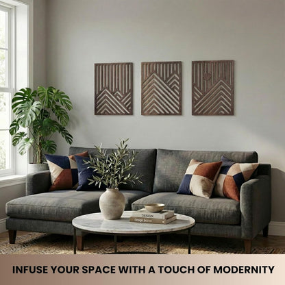qmmp Modern Wooden Wall Sculptures - Set of 3 - Home Decor Accent - Large Wall Art for Living Room, Bedroom, Office - Easy Installation (Oak, Medium - Mountain and Sun)