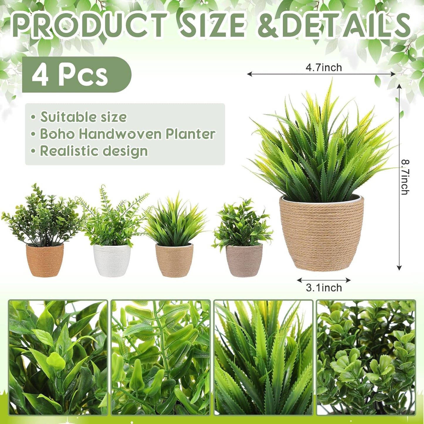 Suncalla 4 Pcs Boho Woven Artificial Plants, 8.7" Small Faux Eucalyptus in Woven Planters, Waterproof Fake Potted Greenery for Farmhouse Bathroom Home Office Shelf Decor
