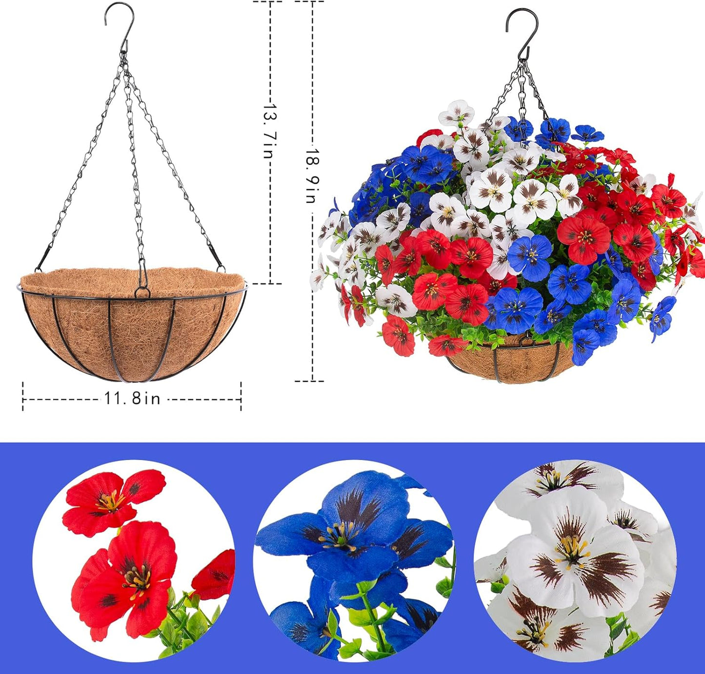 lovemoon 2 Sets Artificial Hanging Pansy Flowers with Baskets, 24 Pcs UV Resistant Faux Silk Pansy Outdoor Hanging Flower for Porch Patio Garden Home Spring Decor (2, White,Yellow,Purple)