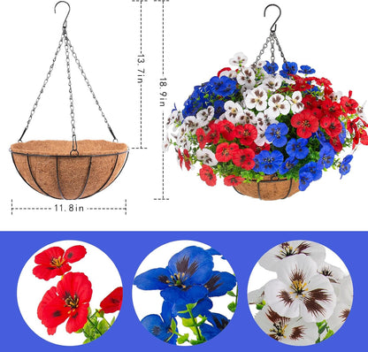 lovemoon 2 Sets Artificial Hanging Pansy Flowers with Baskets, 24 Pcs UV Resistant Faux Silk Pansy Outdoor Hanging Flower for Porch Patio Garden Home Spring Decor (2, White,Yellow,Purple)