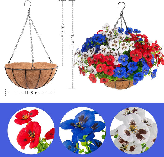 lovemoon 2 Sets Artificial Hanging Pansy Flowers with Baskets, 24 Pcs UV Resistant Faux Silk Pansy Outdoor Hanging Flower for Porch Patio Garden Home Spring Decor (2, White,Yellow,Purple)