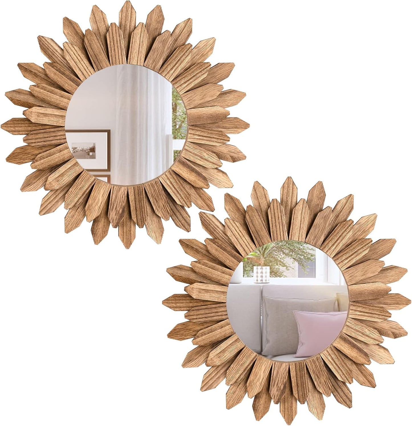 Honiway Wall Mirror Decorative 12 inch Rustic Wood Mirror Sunburst Boho Mirror for Entryway Bedroom Living Room Bathroom House Warming Gifts New Home Essential Carbonized Black