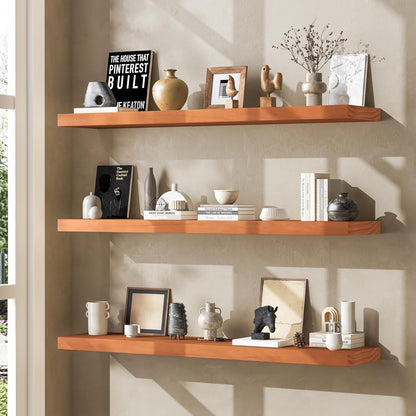 Floating Shelves 36 Inches Long - 8 Inch Deep Rustic Premium Solid Pine Wood for Storage - Farmhouse Wall Mounted for Living Room - Heavy-Duty Metal Bracket - 36" W x 8" D - Set of 2 - White Color
