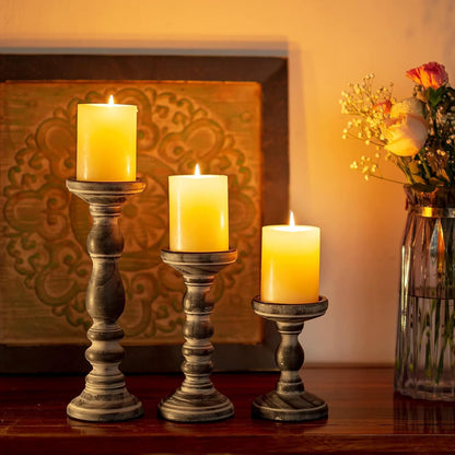 Wood Pillar Candle Holder: 3Pcs Rustic White Candle Holders for Pillar Candles Wood Candle Holders Distressed Wooden Farmhouse Candle Holder Large Rustic Candle Holder for Fireplace Table