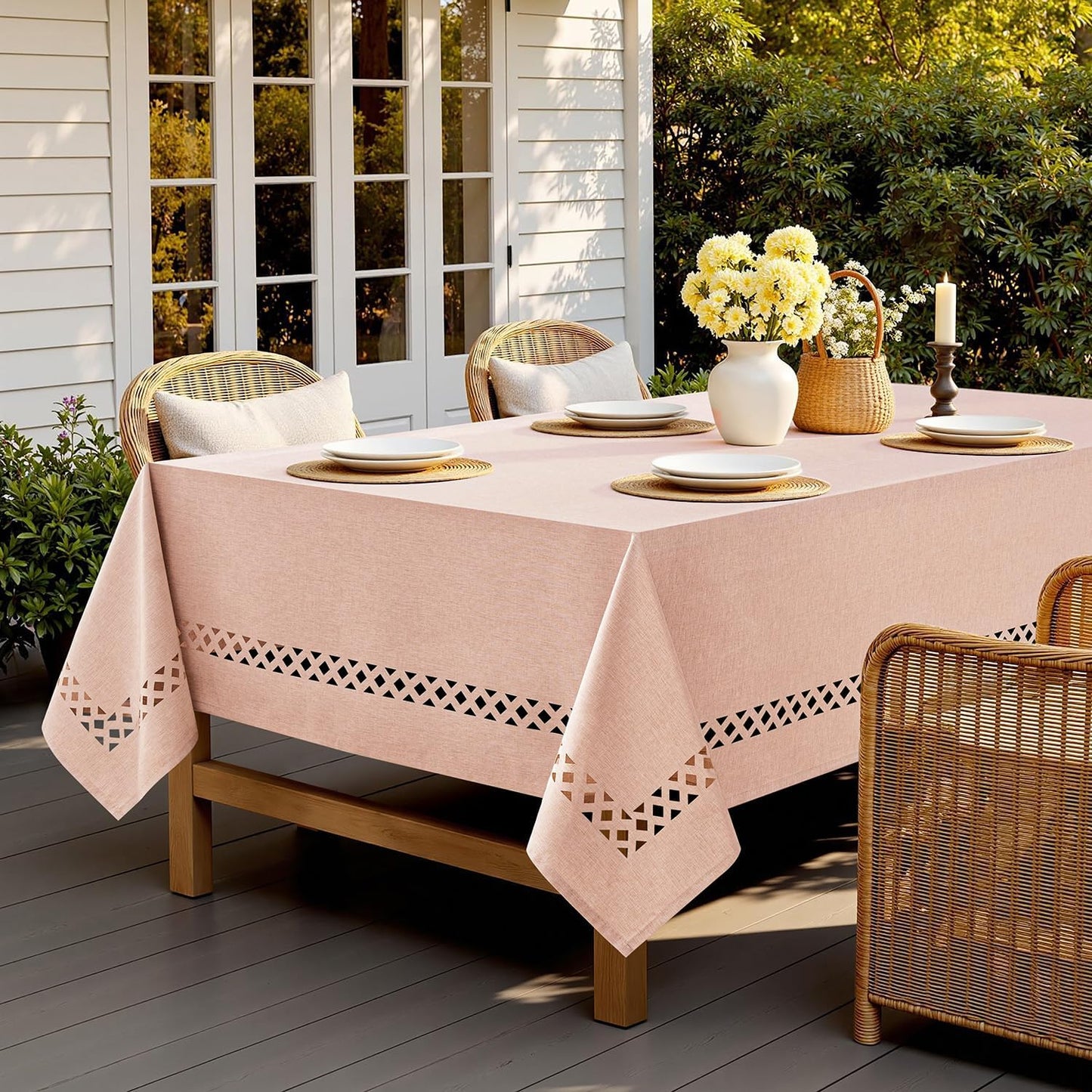 MIULEE Beige Rectangle Linen Polyester Tablecloth with Decorative Cutouts Spring Waterproof Stain Resistant & Shrink-Proof Table Cloth 52x70 inch Farmhouse Style for Dining Wedding and Outdoor