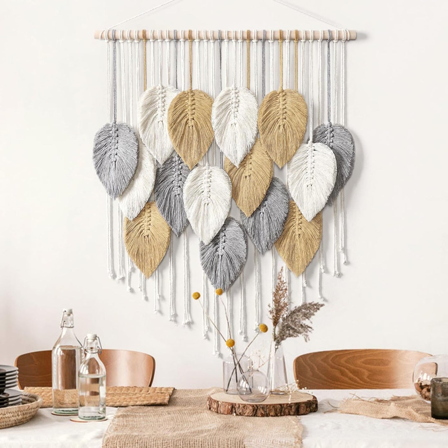 LOMOHOO Macrame Wall Hanging Boho Beige Leaves Tapestry Bohemian Handmade Woven Wall Art Decoration for Bedroom Living Room Apartment Dorm Gallery Perfect Handmade Gift Ideas