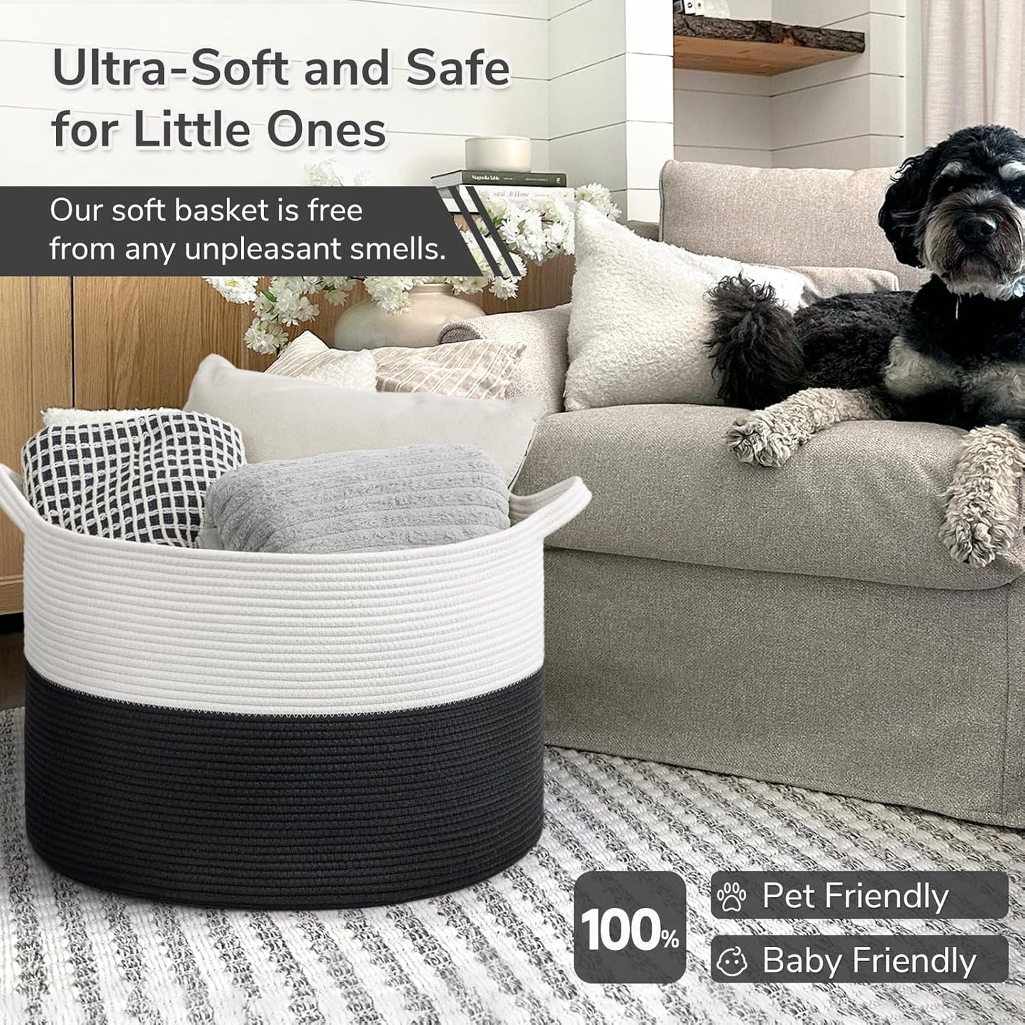 INDRESSME XXXLarge Blanket Basket for Living Room 21.7" x 21.7" x 13.8"-Storage Basket with Handle for Organizing Toy Pillows Woven Cotton Rope Laundry Basket Stuffed Animal Toy Storage for Play Room