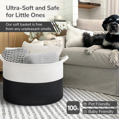 INDRESSME XXXLarge Blanket Basket for Living Room 21.7" x 21.7" x 13.8"-Storage Basket with Handle for Organizing Toy Pillows Woven Cotton Rope Laundry Basket Stuffed Animal Toy Storage for Play Room
