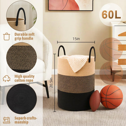 Artfeel Laundry Basket,Woven Cotton Rope Laundry Hamper,60L for Decor Storage of Dirty Clothes,Toys and Blankets in Bathroom,Baby Room and Living Room