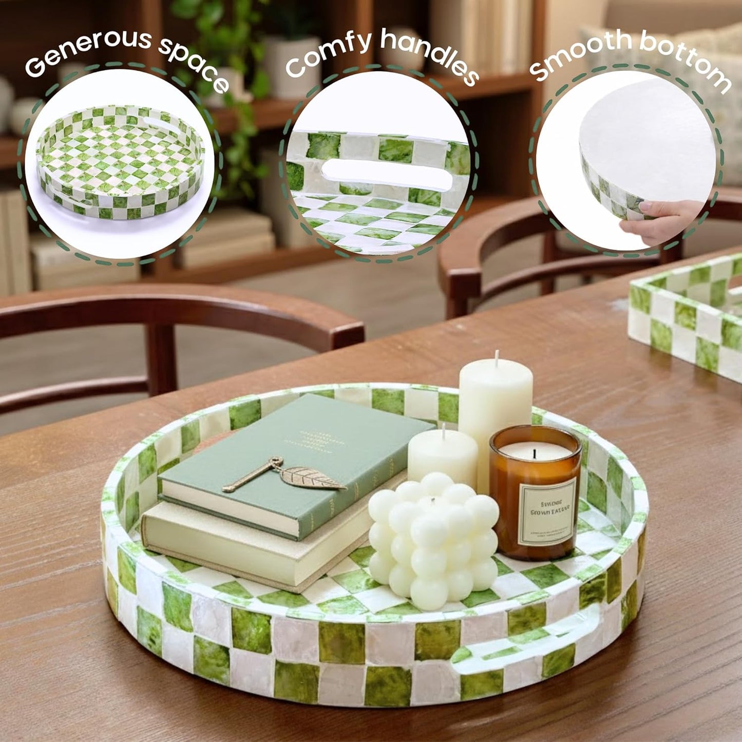 CHI AN HOME 15.8" x 11.8" Decorative Rectangular Tray with Natural Capiz Shells, Checkered Tray with Handles, Serving Tray for Ottoman, Coffee Table, Kitchen Counter Home Decor (Pistachio Green)