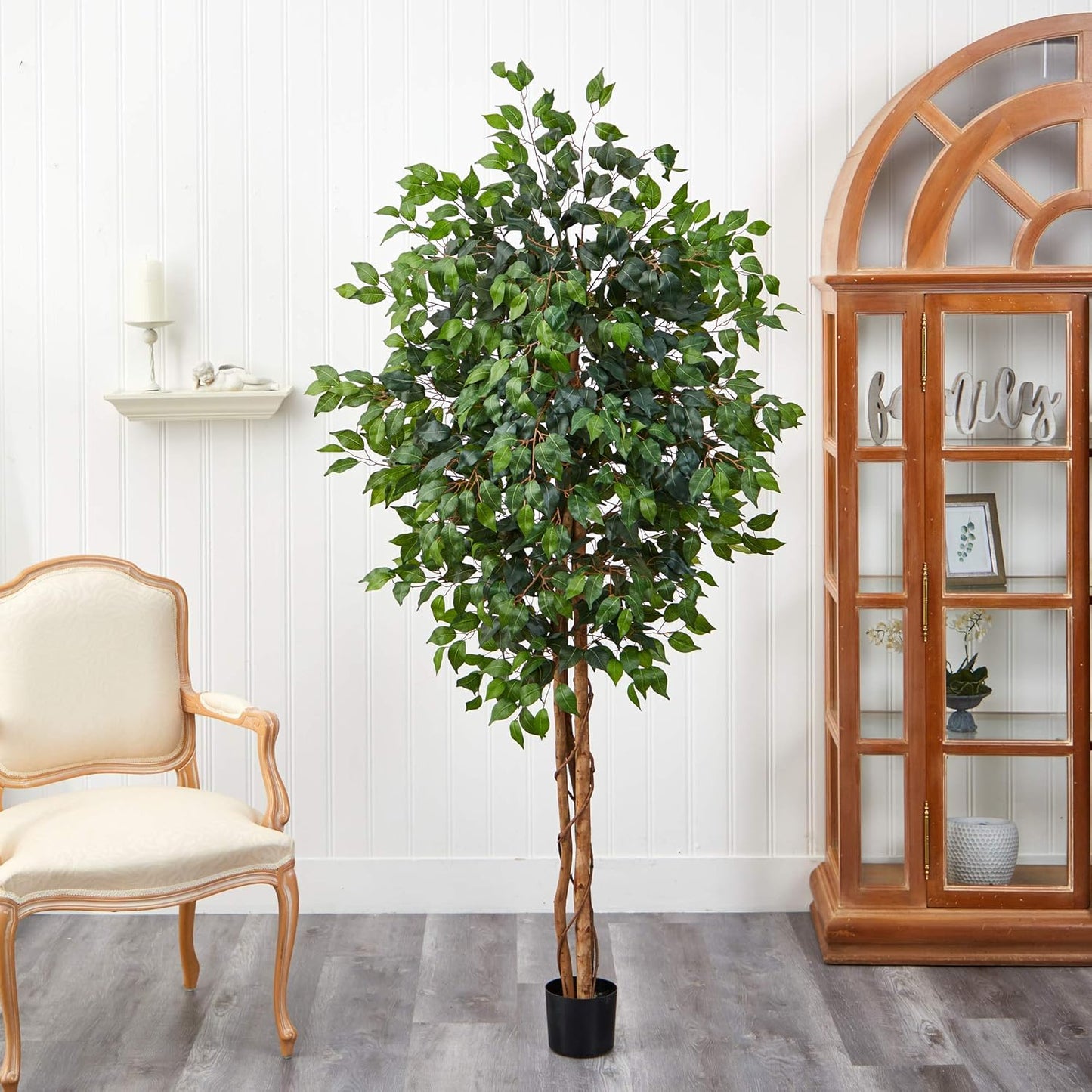 Nearly Natural 4ft Triple Trunk Ficus Silk Tree with Natural Wood Trunks and Dense Foliage, Mid-Size Faux Floor Plant for Home and Office