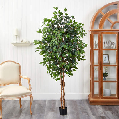 Nearly Natural 4ft Triple Trunk Ficus Silk Tree with Natural Wood Trunks and Dense Foliage, Mid-Size Faux Floor Plant for Home and Office