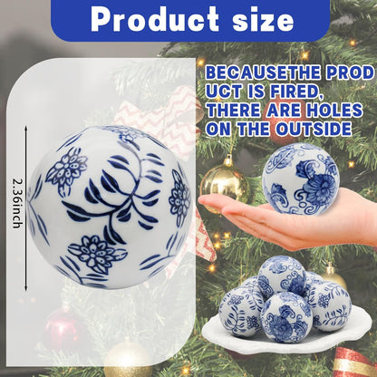 6 Pcs Decorative Blue Balls Chinoiserie Blue and White Ceramic Balls for Centerpiece Bowls Farmhouse Basket Tray Vases Decoration Gifts for Dining Table Holiday(A)