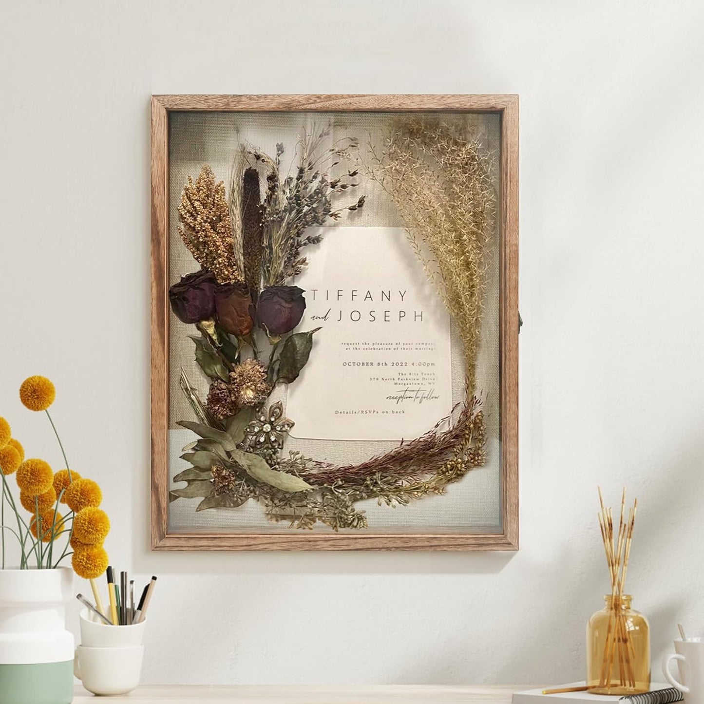 GraduationMall 13x16 Wood Shadow Box Frame Glass Door Display Case with Linen Back and 6 Stick Pins,1.5 inches Interior Depth,Ideal for Memorabilia Pictures Flowers Medals Tickets Rustic White
