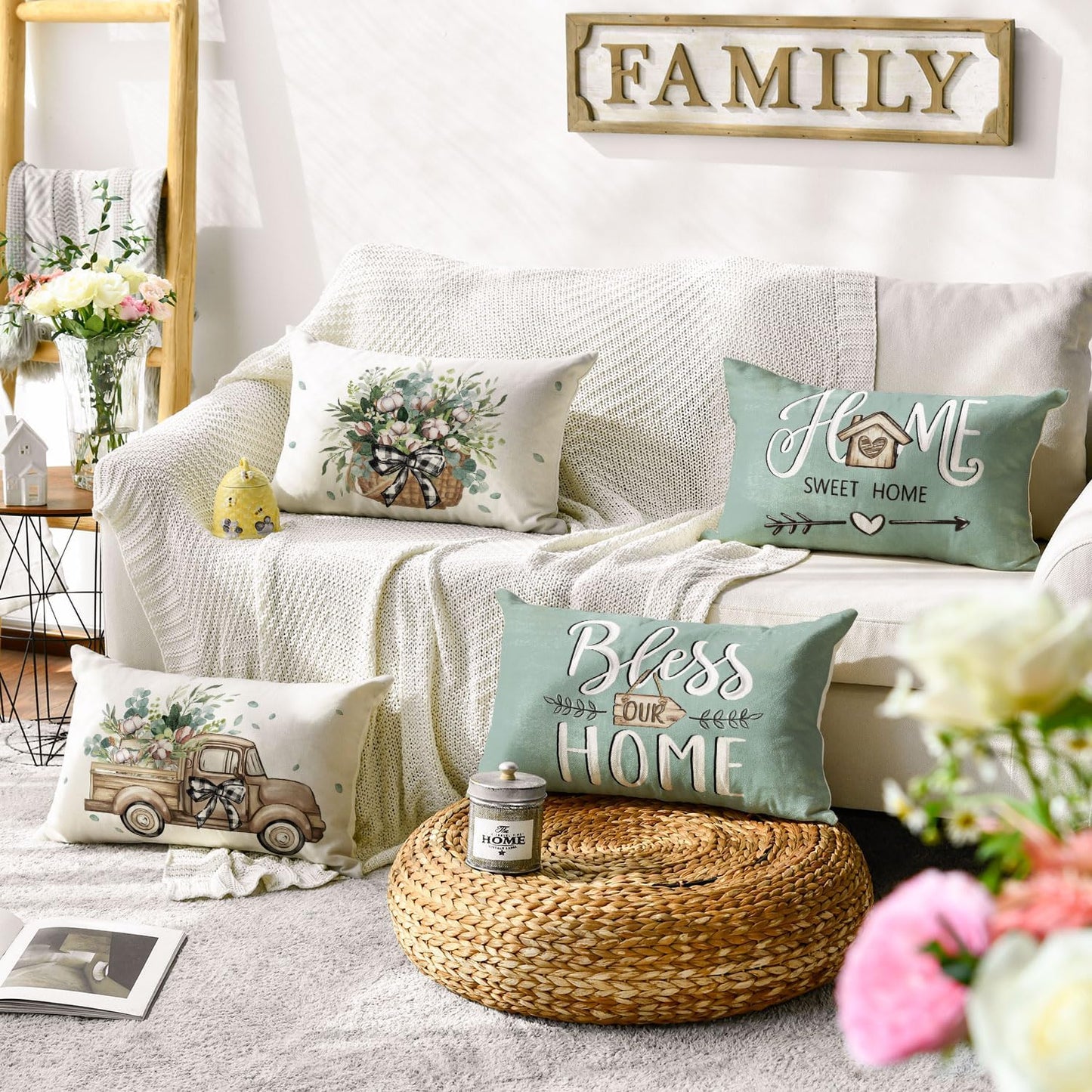 AVOIN colorlife Bless Our Home Farmhouse Eucalyptus Leaves Throw Pillow Covers, 18 x 18 Inch Truck Home Sweet Home Cushion Case Decorations Set of 4