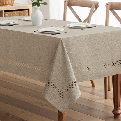 MIULEE Beige Rectangle Linen Polyester Tablecloth with Decorative Cutouts Spring Waterproof Stain Resistant & Shrink-Proof Table Cloth 52x70 inch Farmhouse Style for Dining Wedding and Outdoor