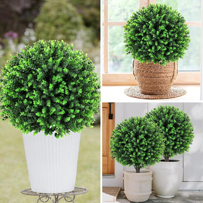 Artificial Red Eucalyptus Topiary Ball Tree 24" with Ground Spike, Set of 2 Artificial Boxwood Bushes for Faux Shrubs, Fake Evergreen Faux Plant for Indoor Outdoor Garden -UV Resistant–Fade-Proof
