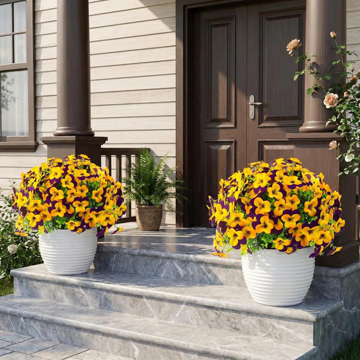 2 Set Artificial Outdoor Pansy Flowers with Hanging Baskets, 2 Hanging Baskets with 24 Pcs Silk Flowers for Spring Easter Decorations Porch Patio Home Decor (2, Purple, Yellow, White, Light Purple)