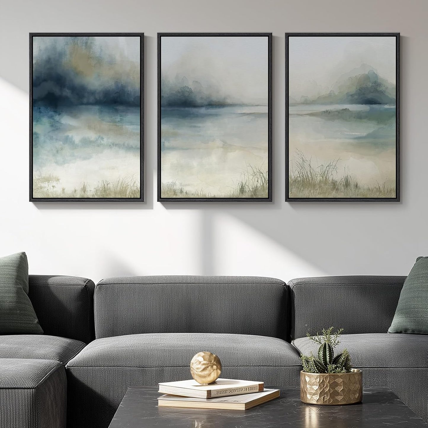Large Framed Abstract Nature Landscape Wall Art for Living Room, Set of 3 Modern Canvas Prints Paintings Artwork for Walls, Green Lake Pictures for Hallway, Dining Room, Office Wall Decor 24x36 Inch
