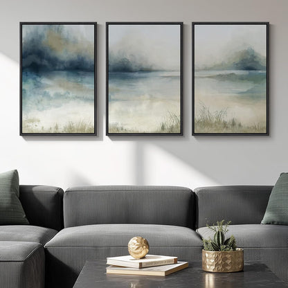 Large Framed Abstract Nature Landscape Wall Art for Living Room, Set of 3 Modern Canvas Prints Paintings Artwork for Walls, Green Lake Pictures for Hallway, Dining Room, Office Wall Decor 24x36 Inch