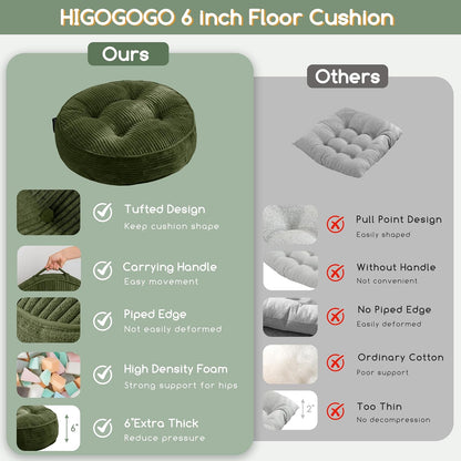 HIGOGOGO 6" Extra Thick Floor Pillow Cushion for Adults, Meditation Cushion Pillow, Large Square Floor Sitting, Tufted Corduroy Cover, for Tatami Living Room or Yoga, 22x22 Inch, 2Pack, Dark Grey