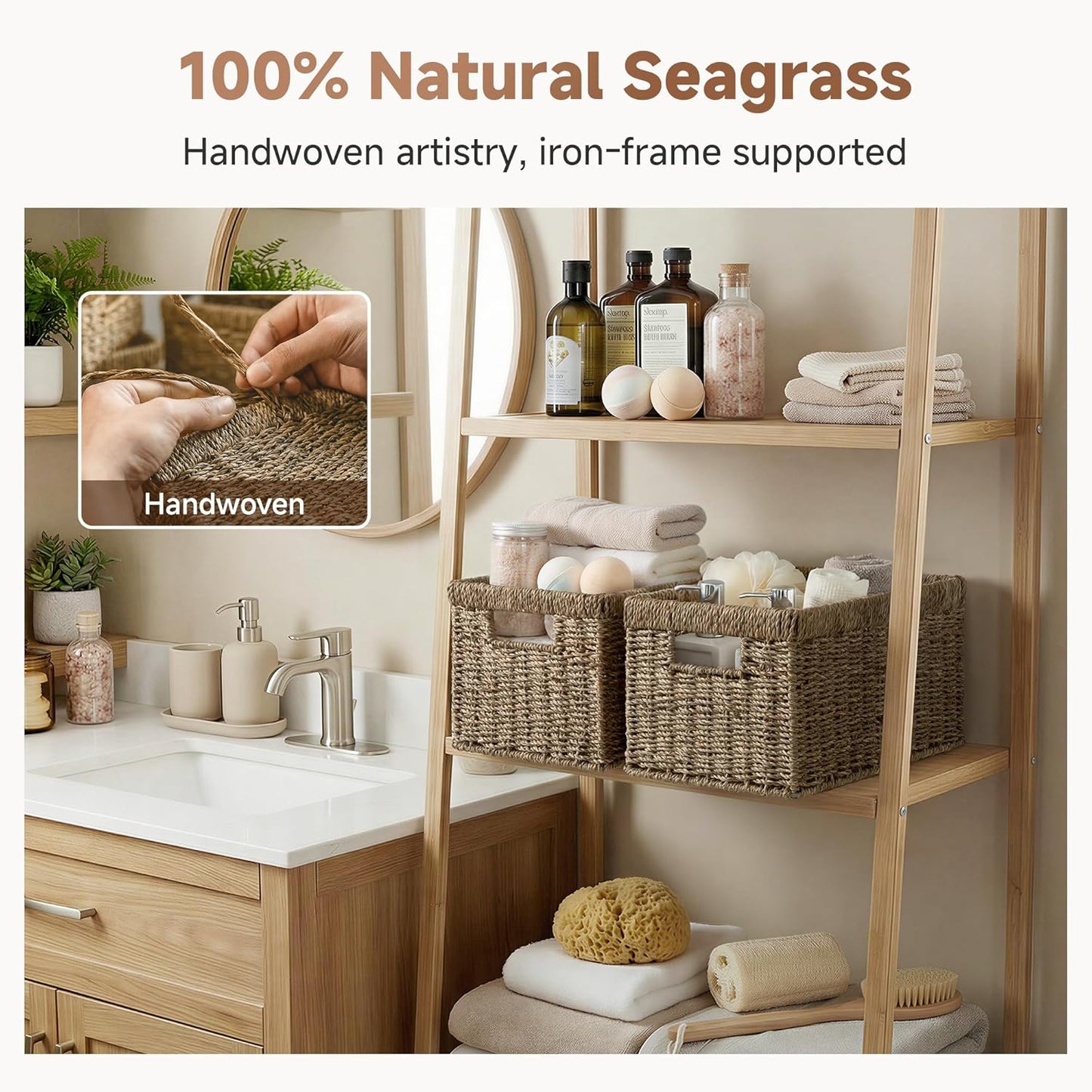 StorageWorks Wicker Basket, Baskets for Organizing, Storage Basket with Built-in Handles, Water Hyacinth Shelves (Medium 2-Pack, Natural Hyacinth)