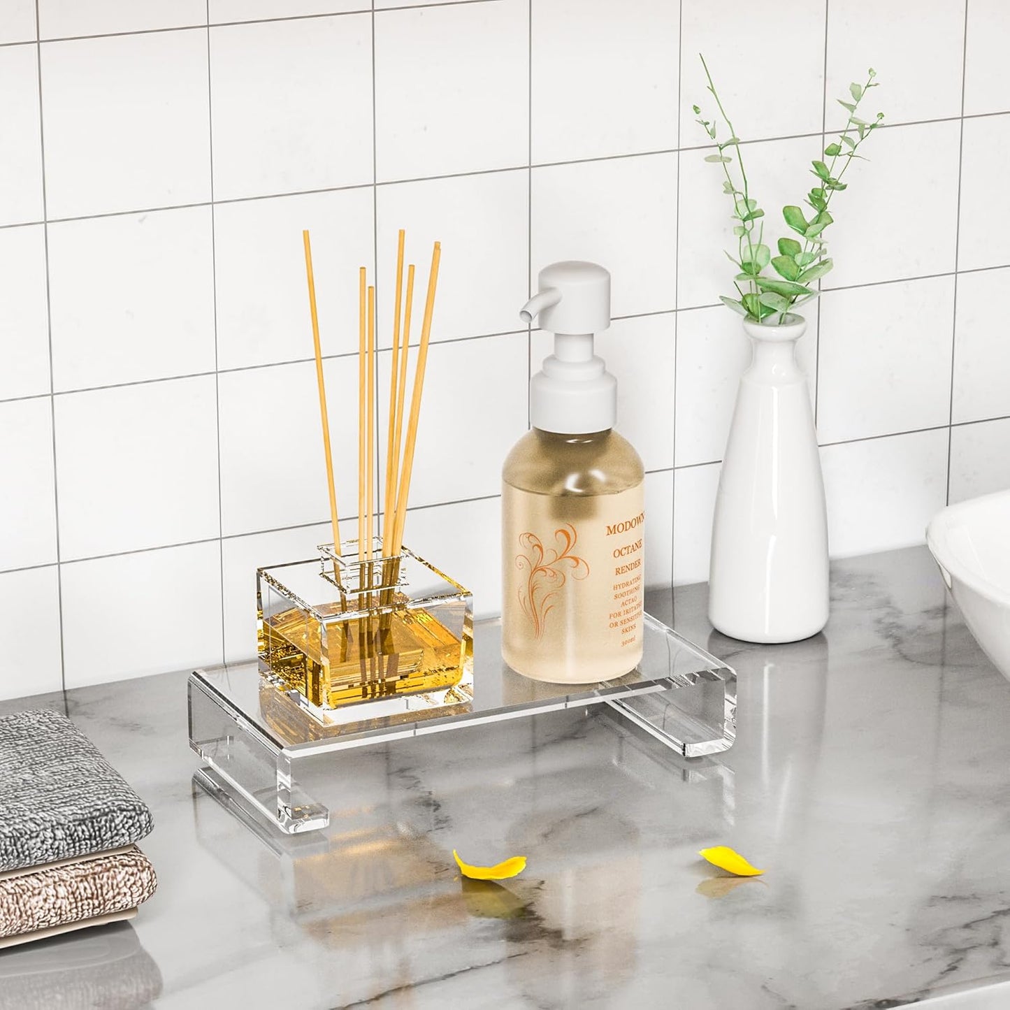 Sezanrpt Acrylic Tray Pedestal Stand Bathroom Décor, Crystal Clear Display Risers Kitchen Resist Dirt and Moisture, Soap Dish Holder for Counter, Sink, Vanity, 8.66'' x 3.9''
