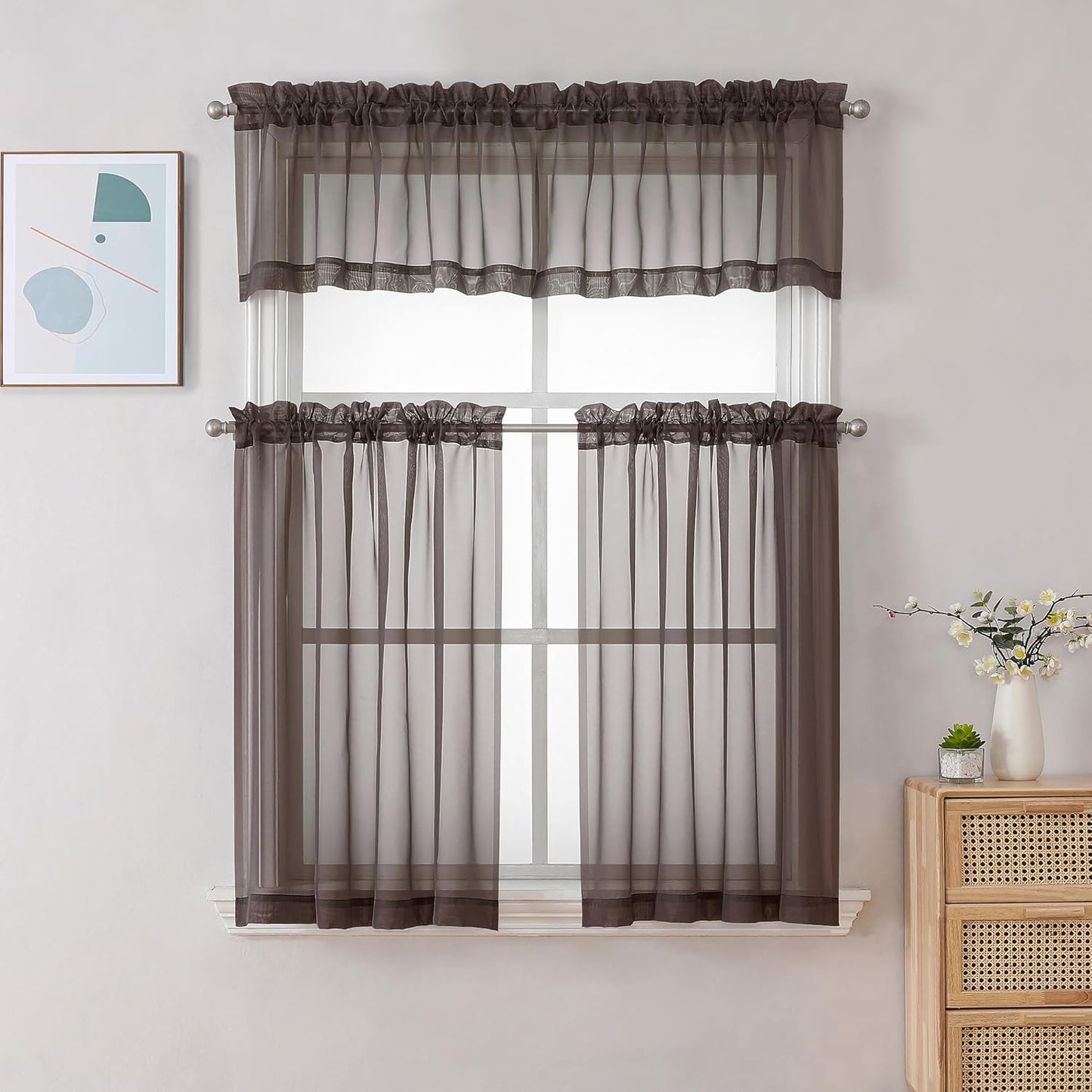 Chyhomenyc Sheer White Valances for Windows 2 Pack, Small Window Curtains for Living Room Bathroom Cafe Laundry Basement, Modern Top Dual Rod Pocket Voile Curtain, 42W x 14L inches, White - Colors B