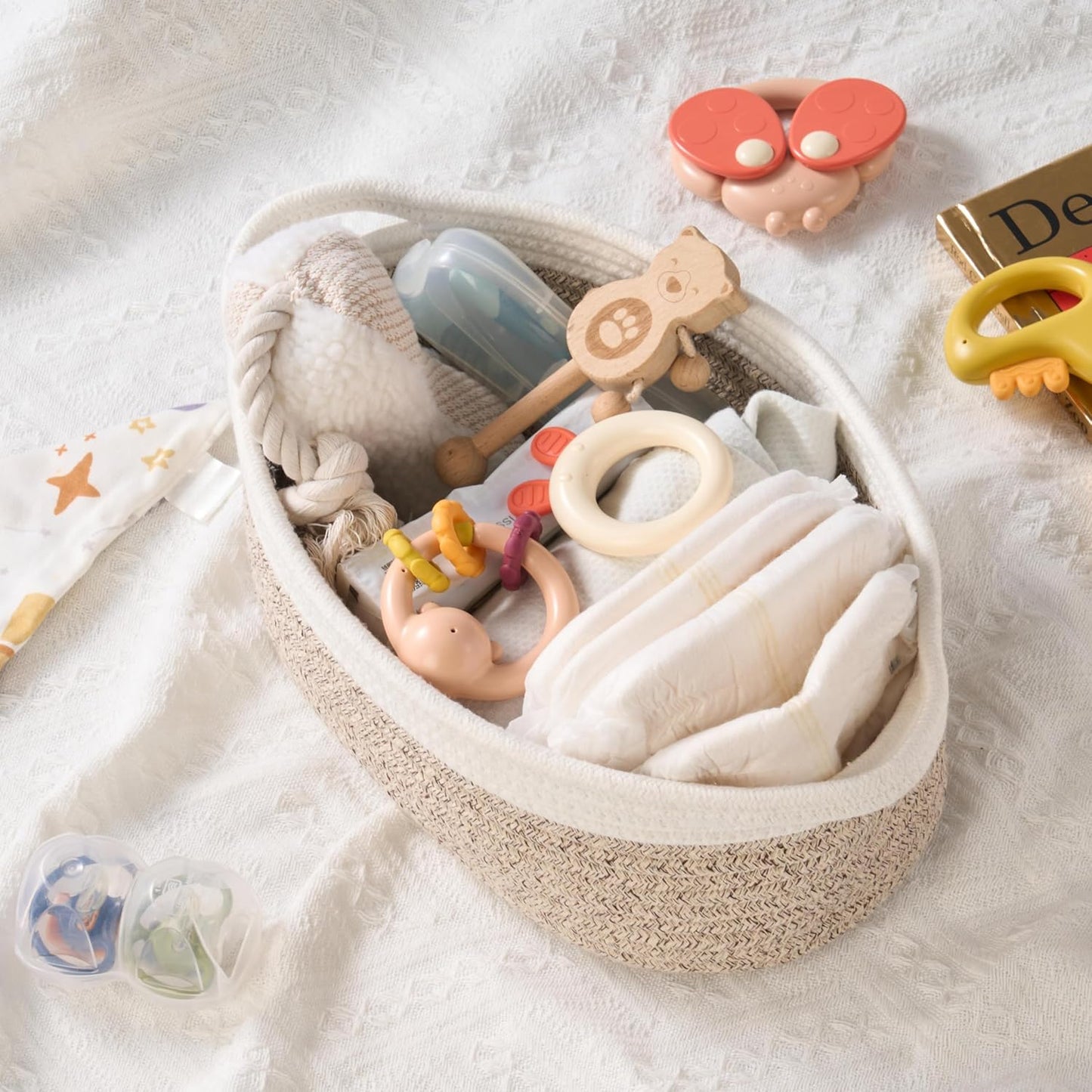Small Woven Gift Basket Empty with Bag & Ribbon - Gifts for Mom, Baby Shower, Birthdays & Raffle - Cotton Rope Storage Basket for Dog Toys or Shelf - 12"x8"x5", White