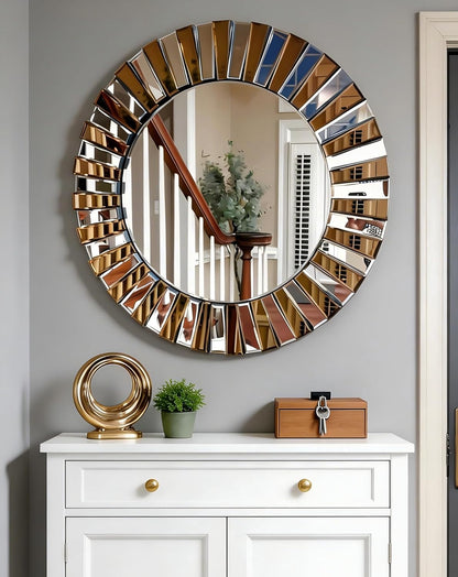 Round Wall Mirror Decorative Sunburst Silver-Brown Crystal Edge 32 inch