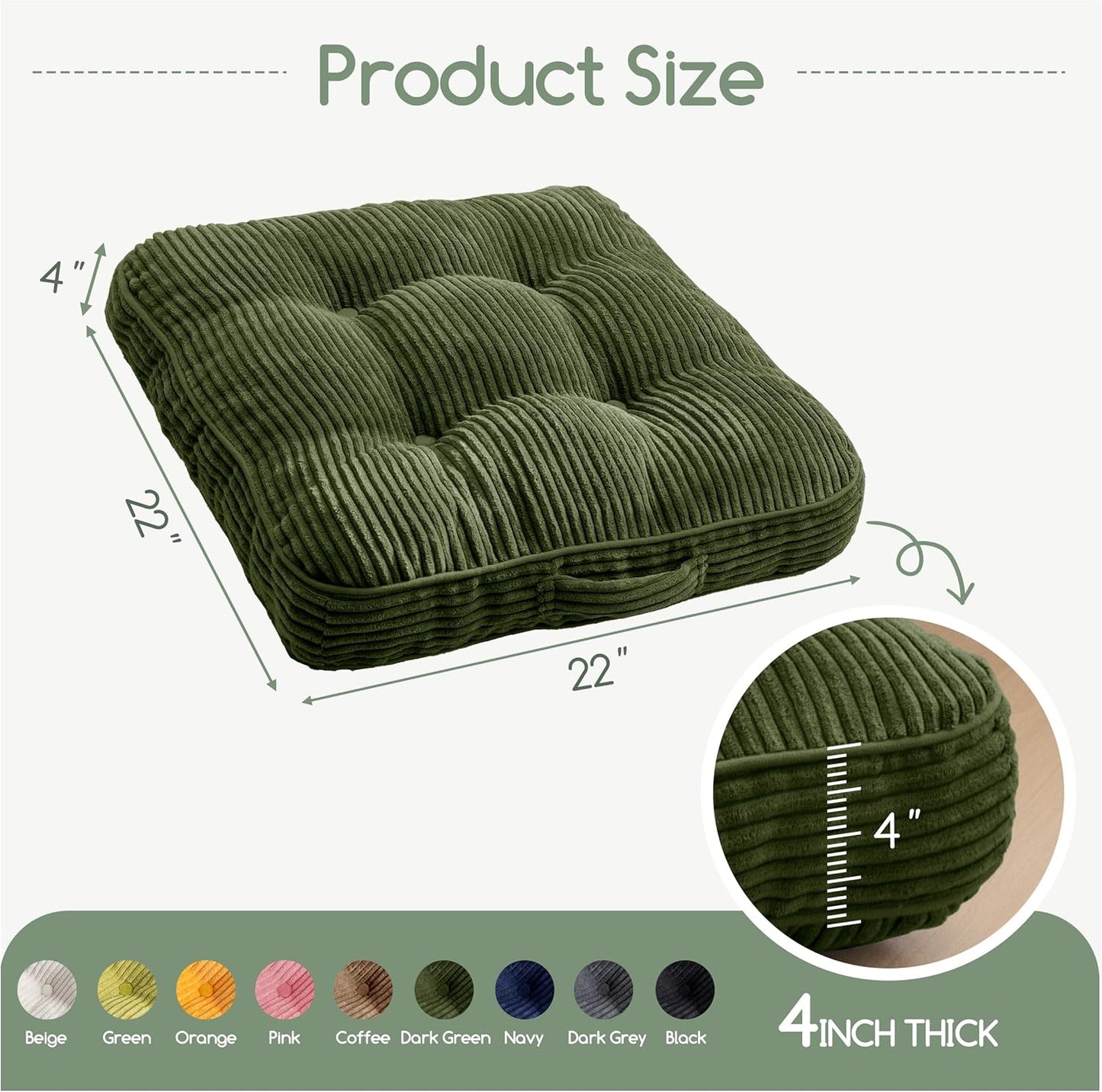 HIGOGOGO 6" Extra Thick Floor Pillow Cushion for Adults, Meditation Cushion Pillow, Large Square Floor Sitting, Tufted Corduroy Cover, for Tatami Living Room or Yoga, 22x22 Inch, 2Pack, Dark Grey
