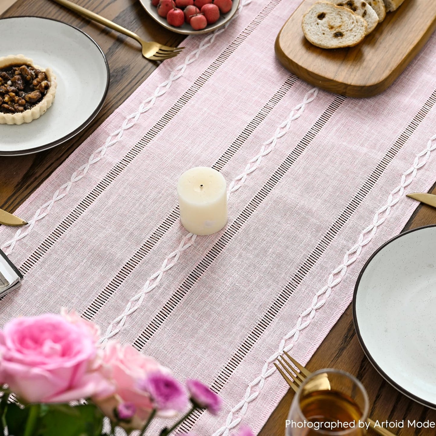 Artoid Mode Beige Rustic Cotton Linen Table Runner, Seasonal Embroidered Hollow Kitchen Dining Table Decoration for Home Party Decor 13x72 Inch