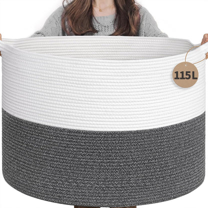 INDRESSME XXXLarge Blanket Basket for Living Room 21.7" x 21.7" x 13.8"-Storage Basket with Handle for Organizing Toy Pillows Woven Cotton Rope Laundry Basket Stuffed Animal Toy Storage for Play Room