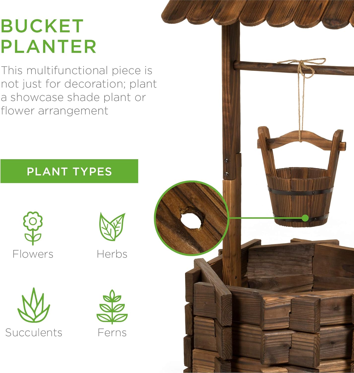 Best Choice Products Rustic Wooden Wishing Well Planter Outdoor Home Décor for Patio, Garden, Yard w/Hanging Bucket