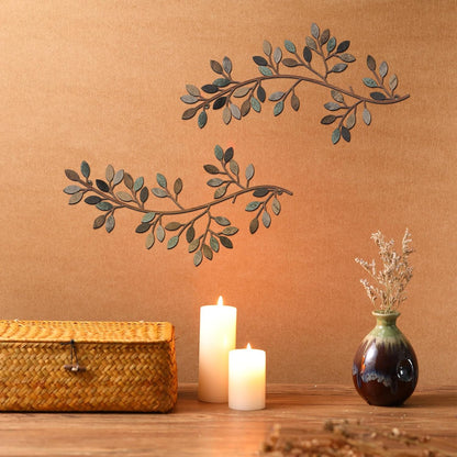 Hotop 2 Pieces Metal Tree Leaf Wall Decor Vine Olive Branch Leaf Wall Art Wrought Iron Scroll Sculptures Above the Bed, Living Room, Outdoor Decoration (Classic Style,Black)