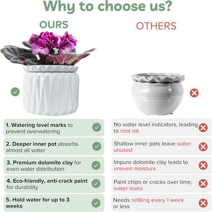 6 Inch African Violet Pots Self Watering, Ceramic Planter with Water Reservoir and Fill Lines, 4 Inch Opening, Indoor Flower Pot, Holds 3 Weeks of Water (2 Pack White)