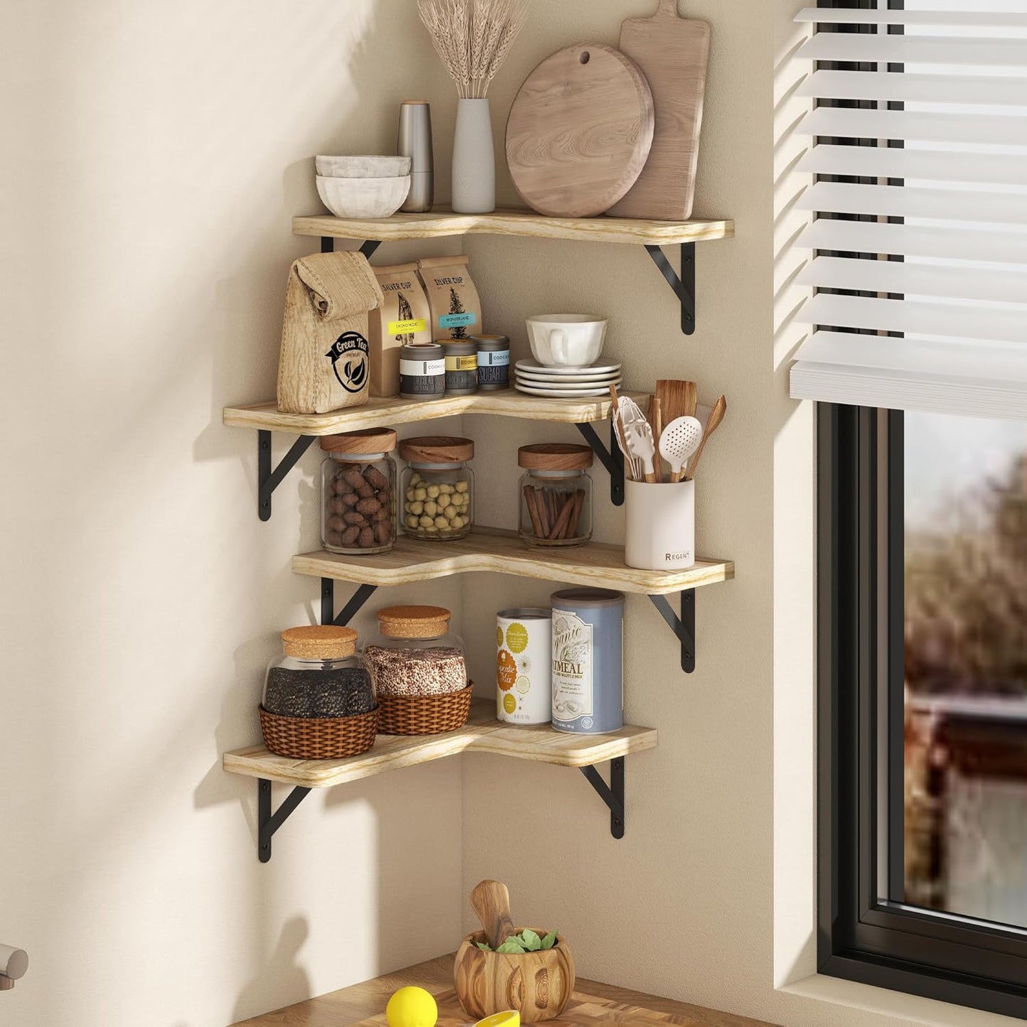 Venusmiles Corner Floating Shelves Set of 4, Wall Mounted L-Shaped Storage - Maximize Unused Corner Space in Bathroom, Kitchen, Bedroom, Office, Dark Carbonized