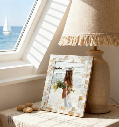 Silver Plate Picture Frame 5x7 Mother of Pearl 5 by 7 Photo Frame Mosaic Glass Tabletop Frame (Grey+ White,1pc)