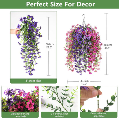 INQCMY Artificial Fake Hanging Plants Flowers Basket for Spring Summer Outdoor Outside Porch Decoration,UV Resistant Faux Silk Violet in Planter for Home Patio Balcony Garden Yard Decor(Red)