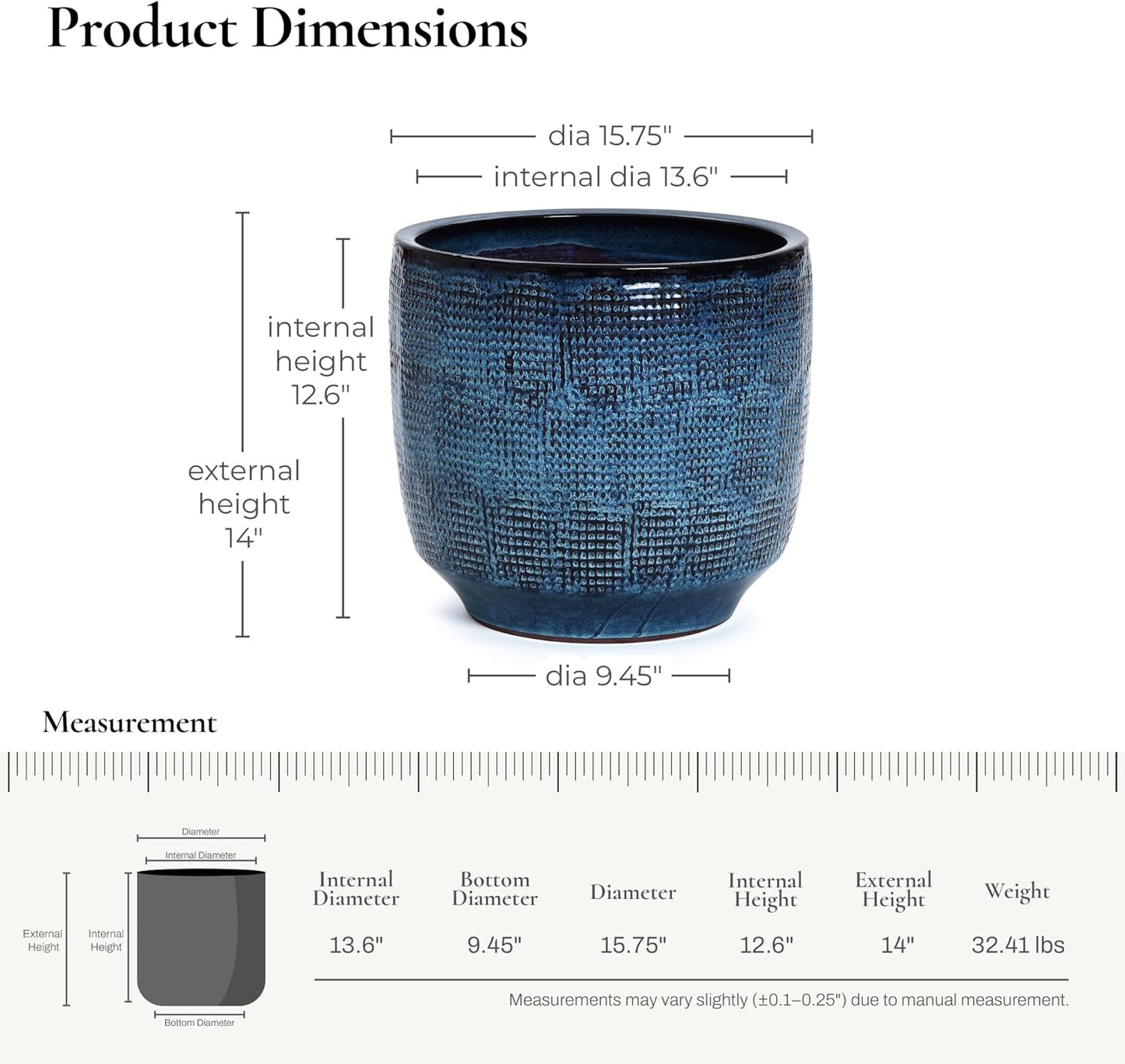 LuxenHome 15.75" Dia Large Ceramic Pots for Plants, Blue Glazed Planters for Outdoor Plants, Round Indoor Flower Pots with Drainage Hole and Rubber Plug for Home Garden Patio