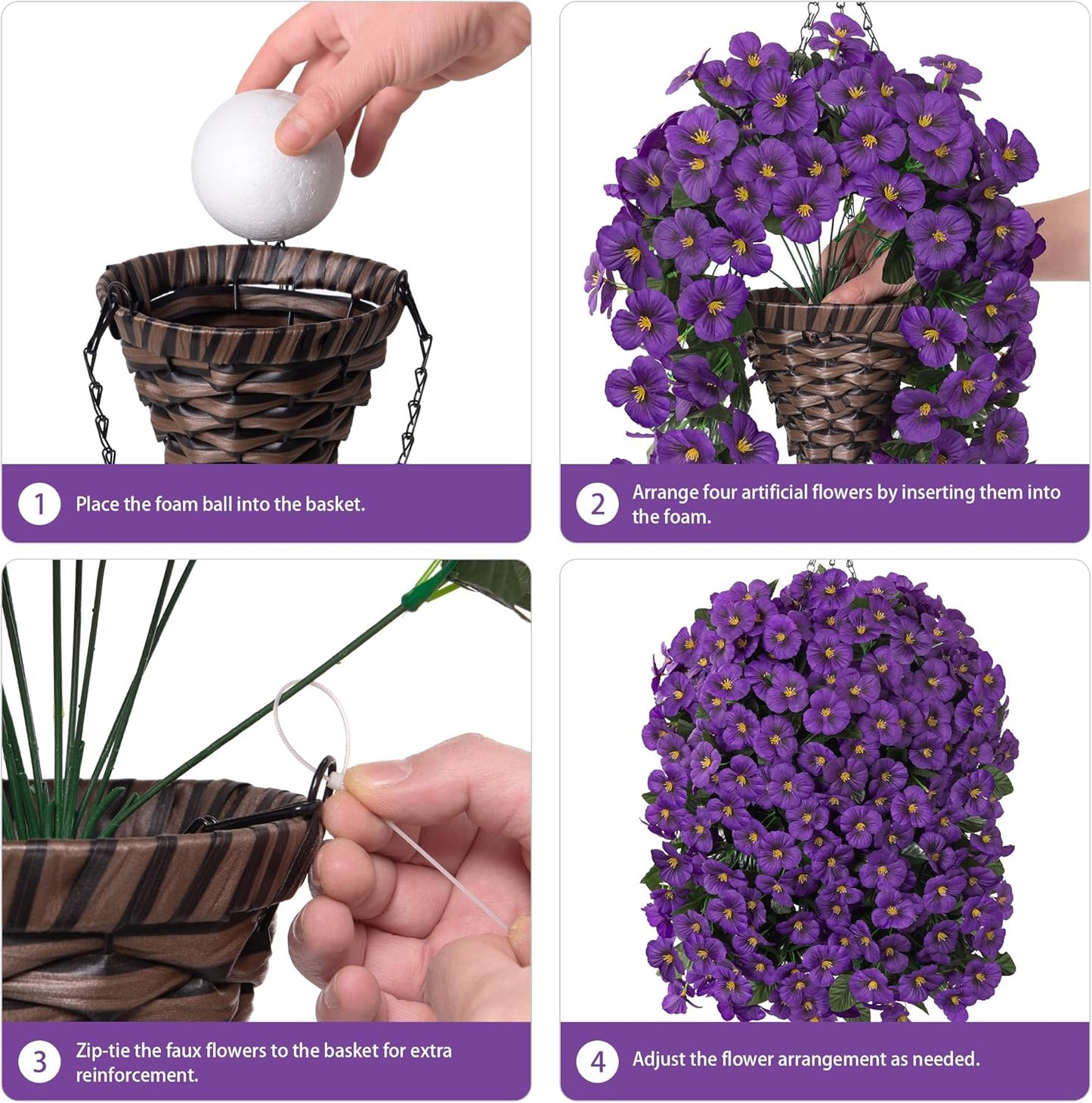 HyeFlora Artificial Flowers for Outdoors, 2pcs Faux Silk Pansies Flowers UV Resistant Fake Hanging Flower Plants for Outside Planters Porch Yard Patio Window Box (Mix Purple)