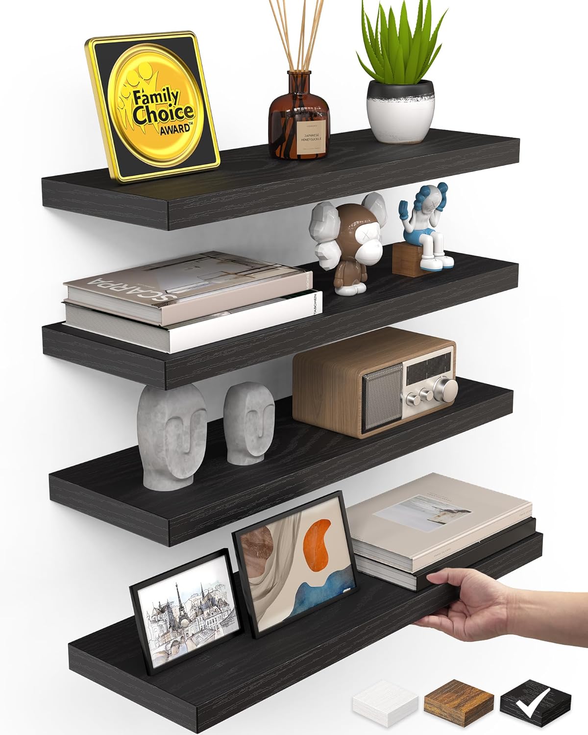 BAYKA Floating Shelves for Wall, Set of 3, Wall Mounted Rustic Wood Shelves for Bathroom, Bedroom, Living Room, Kitchen, Small Hanging Shelf for Books/Storage/Room Decor, Walnut-Like, 15.7in