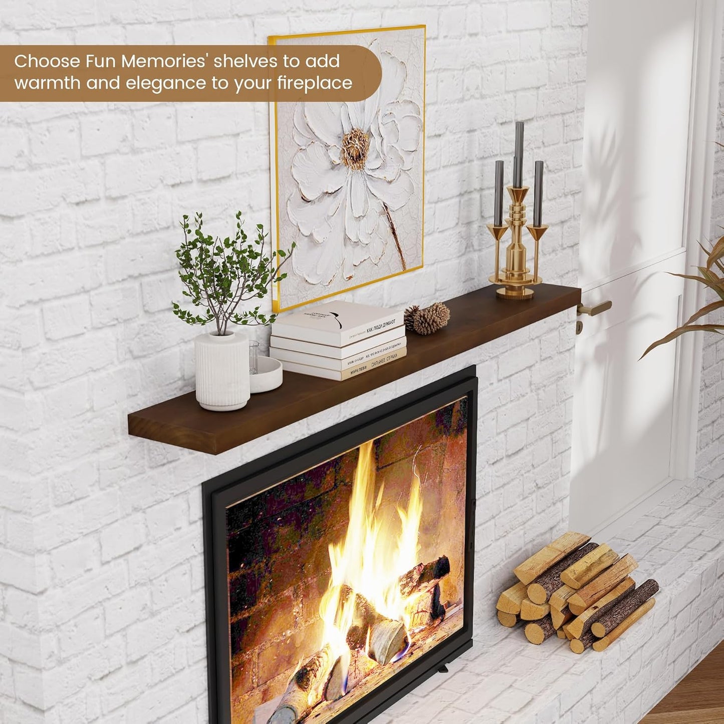 Floating Shelves 36 Inches Long - 8 Inch Deep Rustic Premium Solid Pine Wood for Storage - Farmhouse Wall Mounted for Living Room - Heavy-Duty Metal Bracket - 36" W x 8" D - Set of 2 - White Color